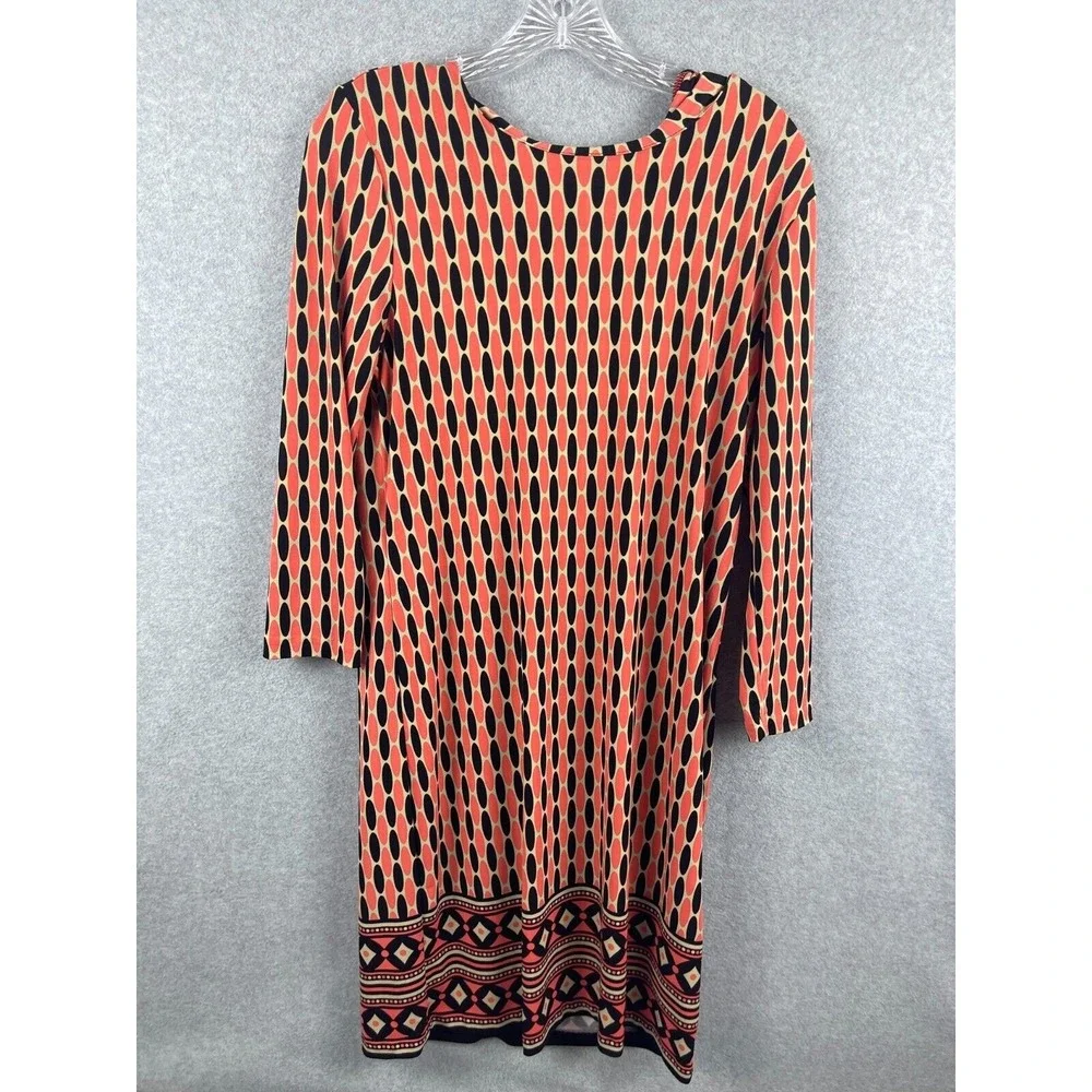 MICHAEL KORS Dress M Coral Black Shift Back Exposed Zipper Long Sleeve Career